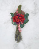 Handmade Lavender Sheaf w/ Silk Red Roses, Dried Larkspur, Globe Amaranth & Gyp Hydrangea