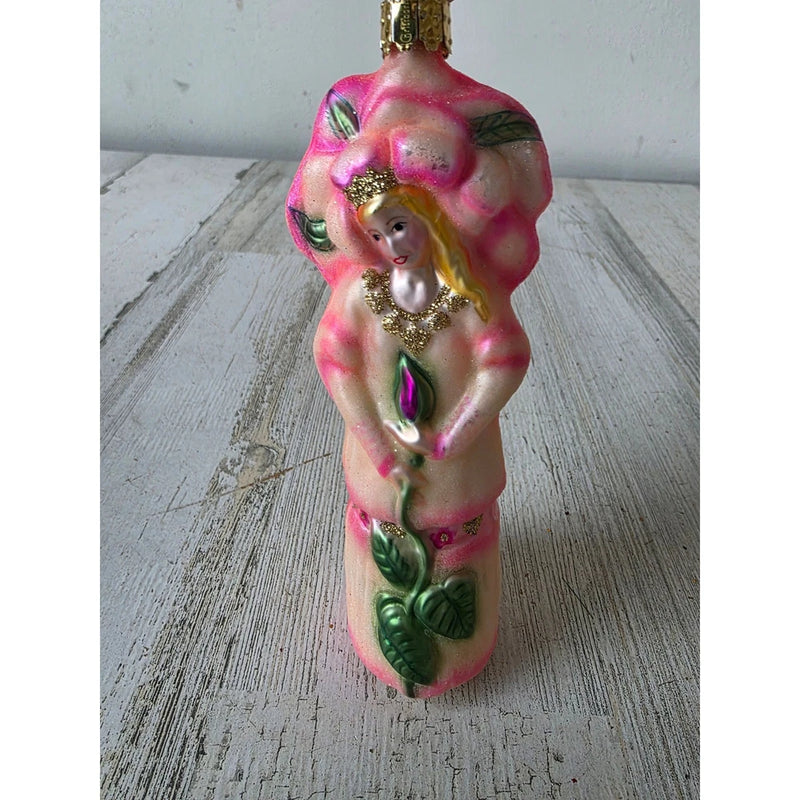 Vintage Christborn carnation pink fairy flower rose lady glass ornament Xmas Carnation