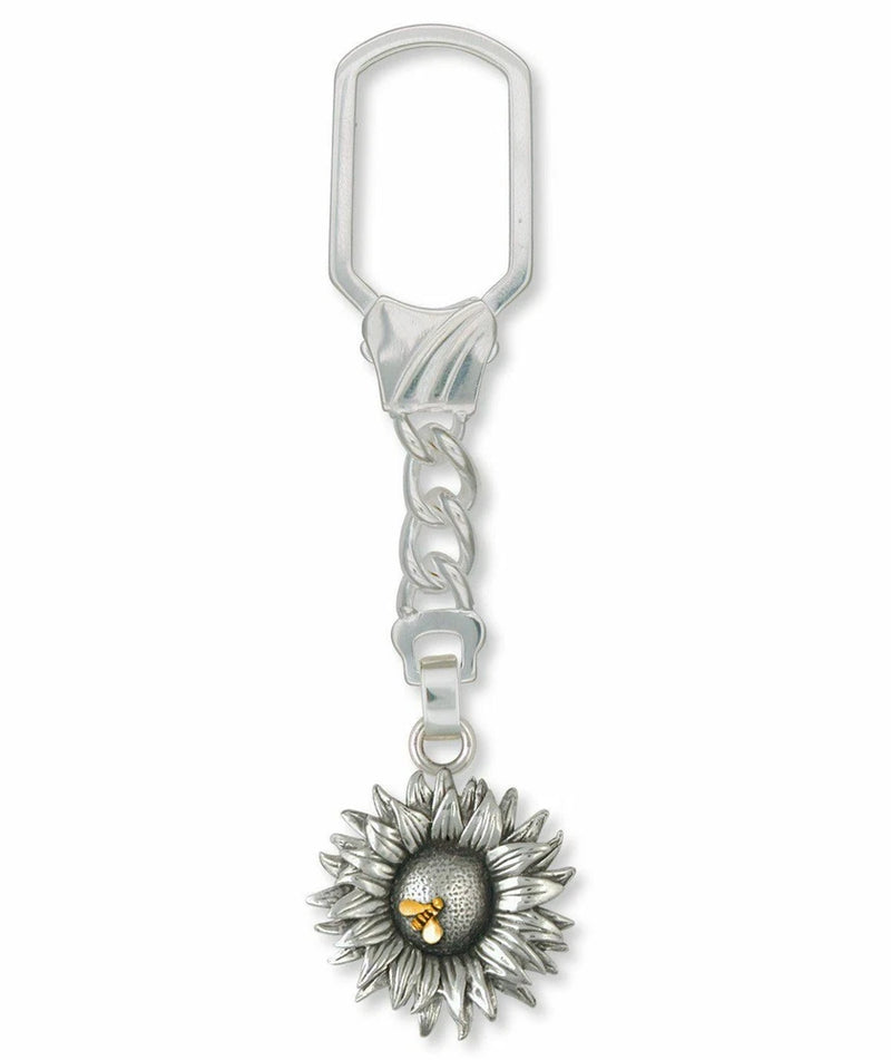 Silver key ring with chain and sunflower charm, textured petals and gold center