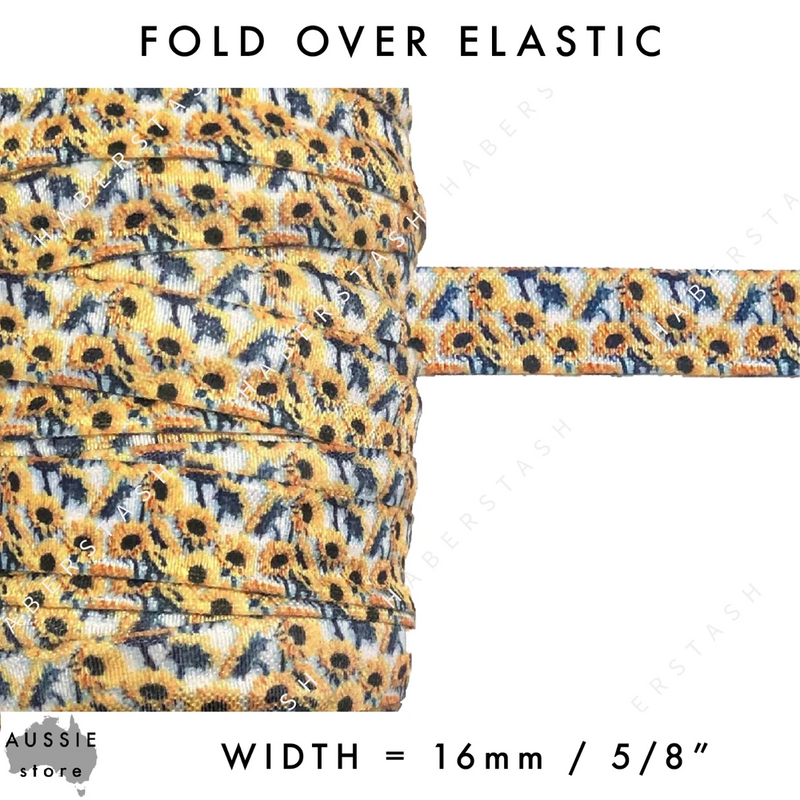 Sunflower print fold-over elastic trim, 16mm (5/8") wide, textured fabric edge