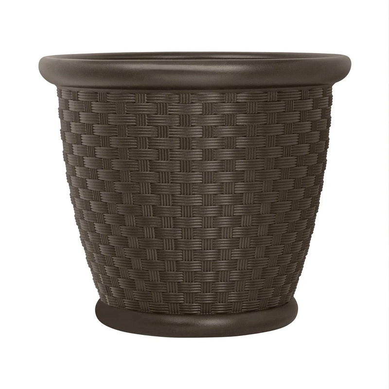 Dark brown resin wicker-style flower planter with wide rim and round shape