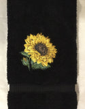 Embroidered Sunflower Yellow Flower on Turkish Cotton Black Bathroom Hand Towel Sunflower