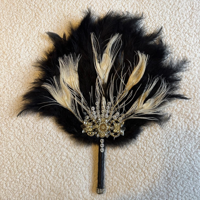 Black feather bridal fan bouquet with ivory feathers, crystal bead centerpiece and stem