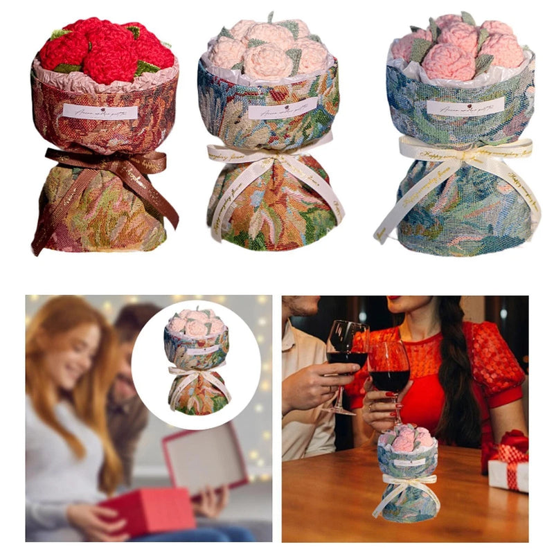 Crochet flower bouquet table decoration with wrapped fabric bundle and pink/red woven flowers