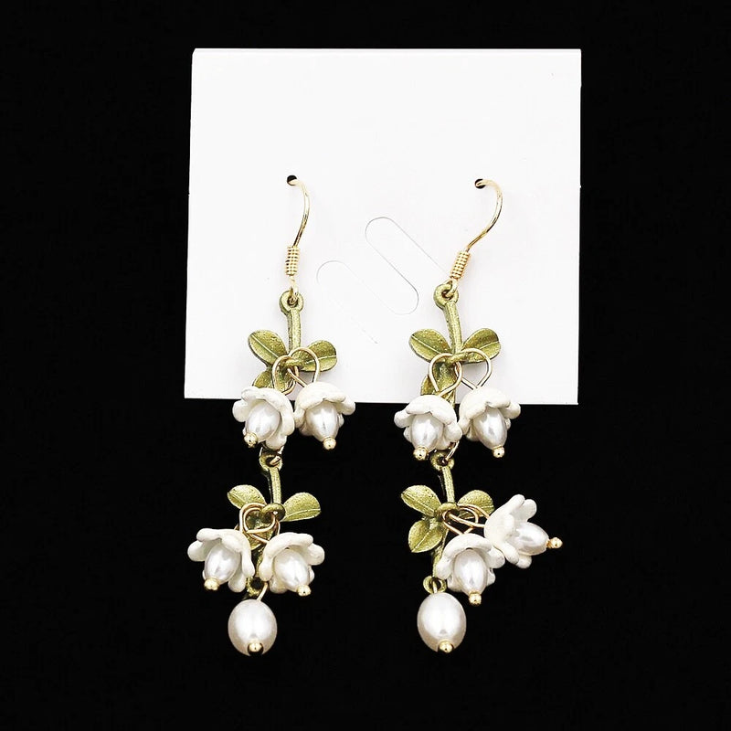 New Green & White Convallaria Majalis Lily Flower Pearl Ear Stud Dangle Earrings Lily