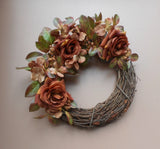 15" Fall Brown Rose Hydrangea Berries Floral Grapevine Wreath Thanksgiving Hydrangea