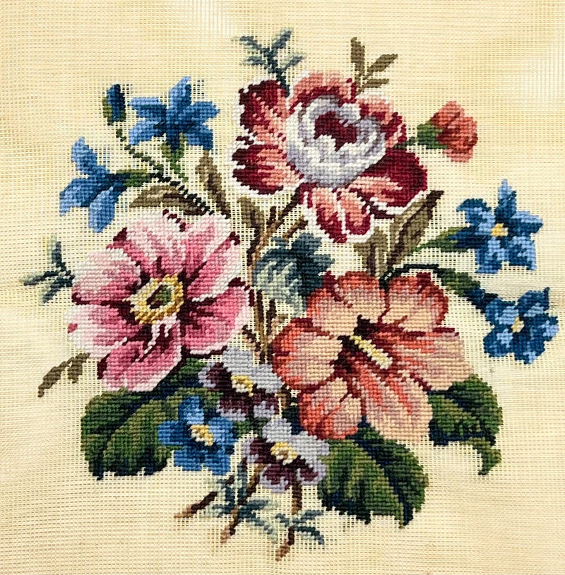 Preworked needlepoint canvas with multicolor floral bouquet design on beige fabric