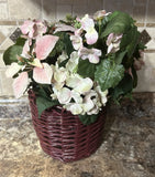 Faux Pink Poinsettia & Hydrangea Floral Arrangement in Woven Burgundy Basket Hydrangea