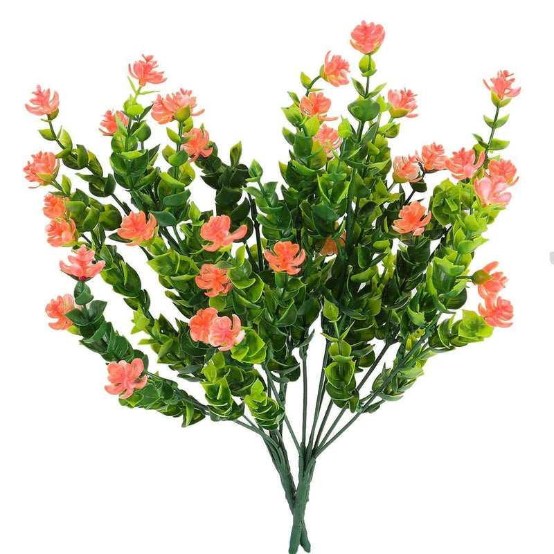 Artificial boxwood plant bundle with green leaves and coral orange flowers, UV resistant