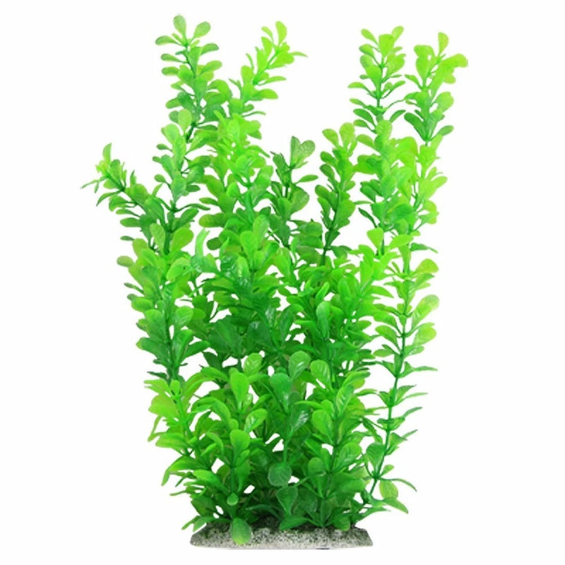 Green plastic aquarium plant decoration with leafy fronds and weighted base