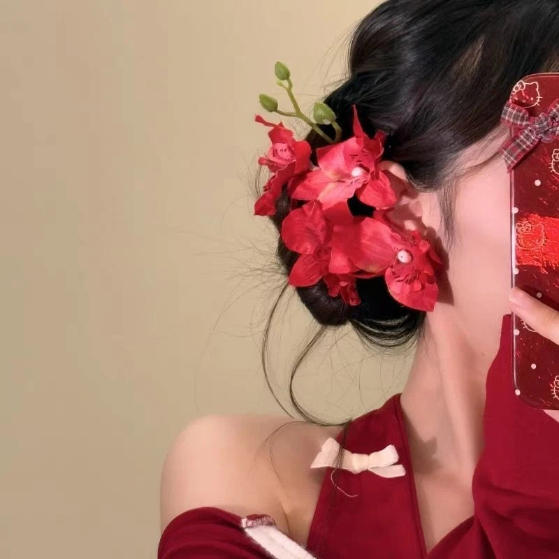Red Lily Flower Hair Clip Set Women Elegant Hair Accessory Decoration 2 Pairs Lily