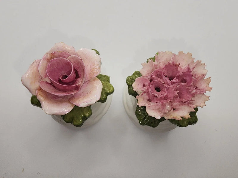 Floral salt and pepper shakers with pink rose and carnation blooms