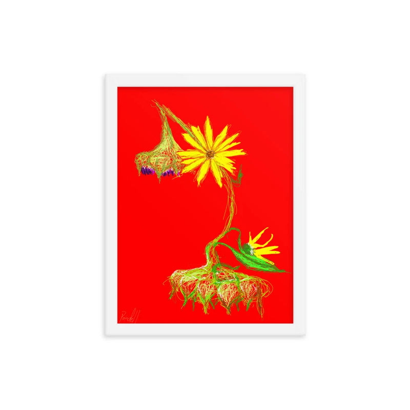 Sunflower wall art print with yellow flower on red background