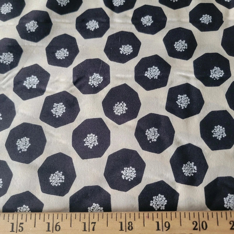 Black Flowers with White Centers on Light Beige - Echino Japanese Cotton Lawn Flowering Plants