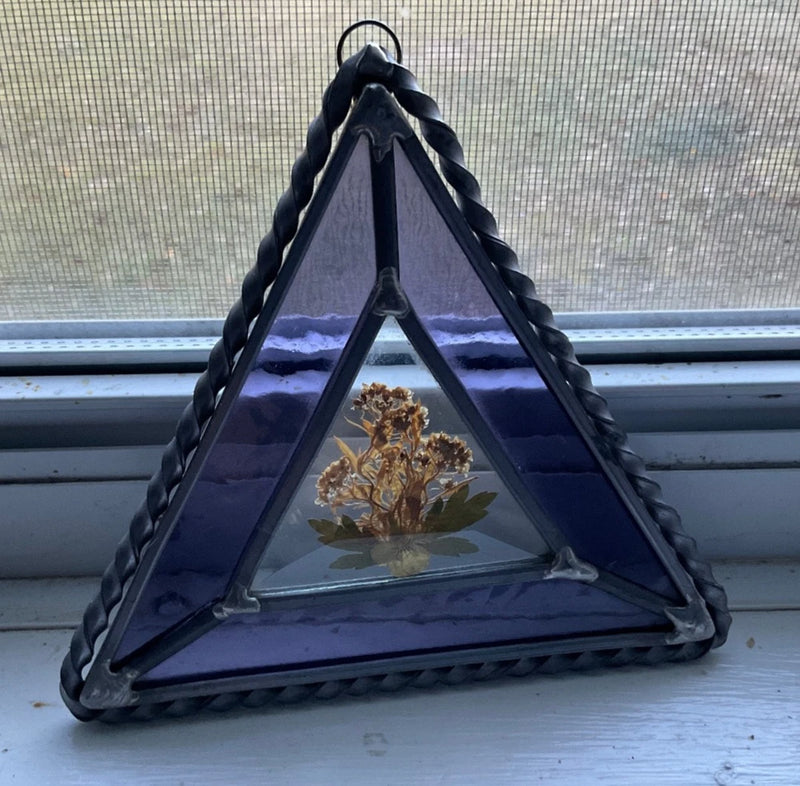 Triangular pressed flower ornament with dried bloom behind clear glass in pewter frame