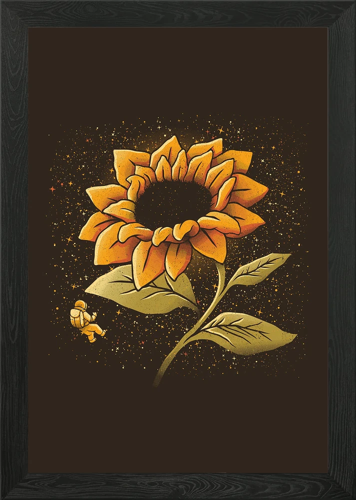 Framed sunflower wall art canvas print with golden flower and small bee motif