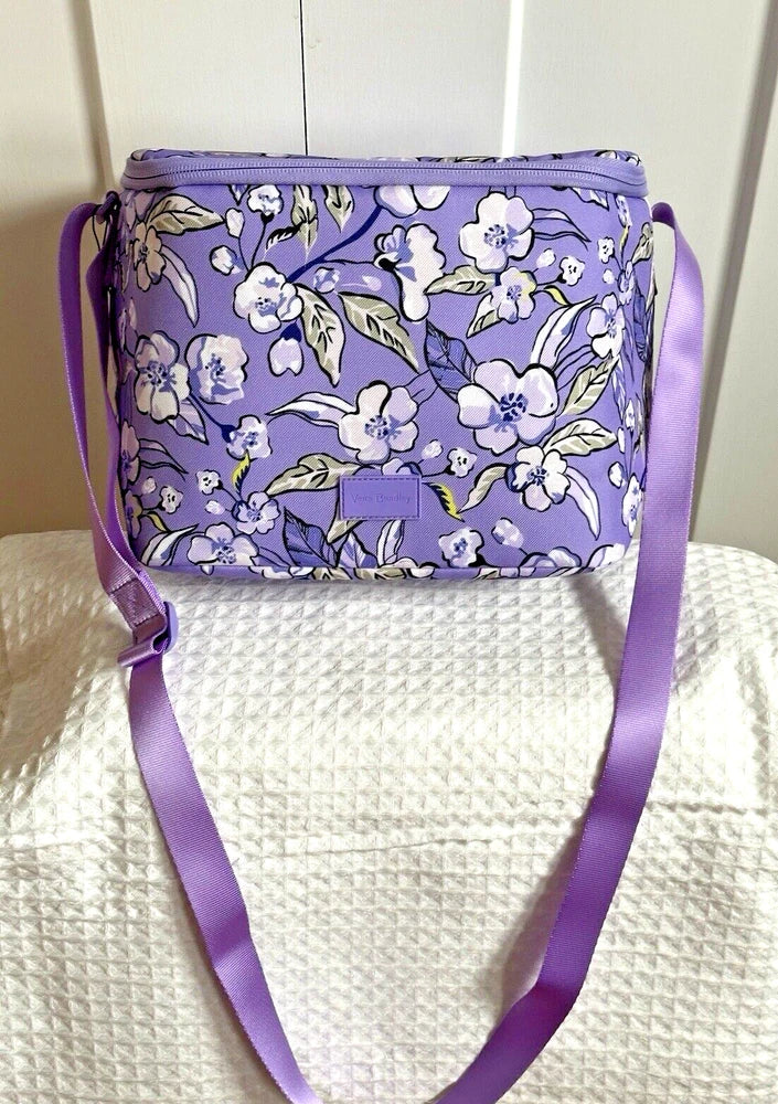 Lavender floral insulated lunch cooler bag with front zipper and long shoulder strap