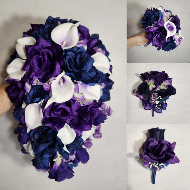 Purple Navy Blue Rose Calla Lily Bridal Wedding Bouquet Accessories Bouquet