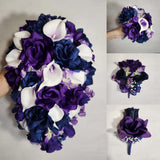 Purple Navy Blue Rose Calla Lily Bridal Wedding Bouquet Accessories Bouquet