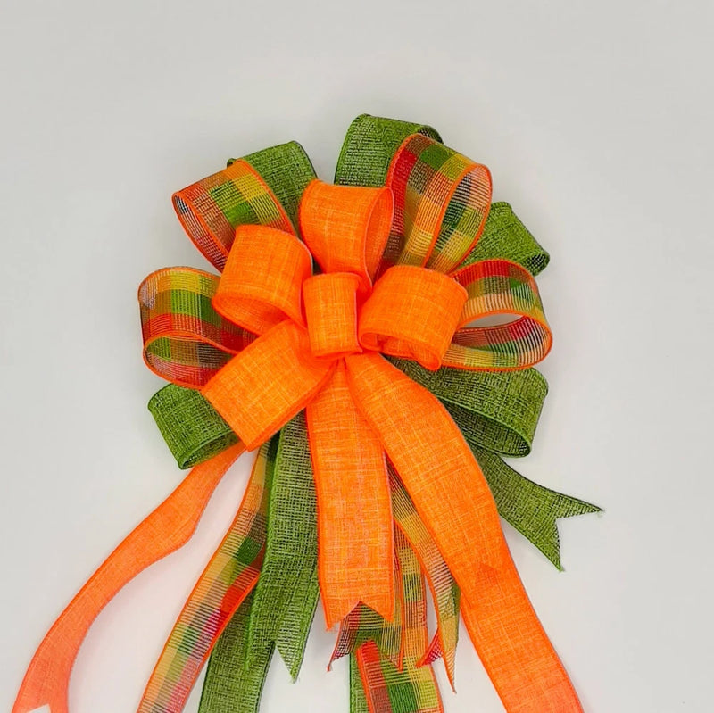 Wreath Bow, Fall, Plaid with Orange and Moss Green Green Plant