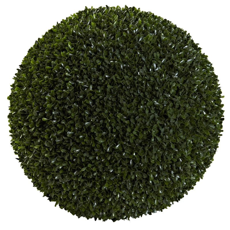 Artificial boxwood topiary ball with dense green foliage, rounded shape