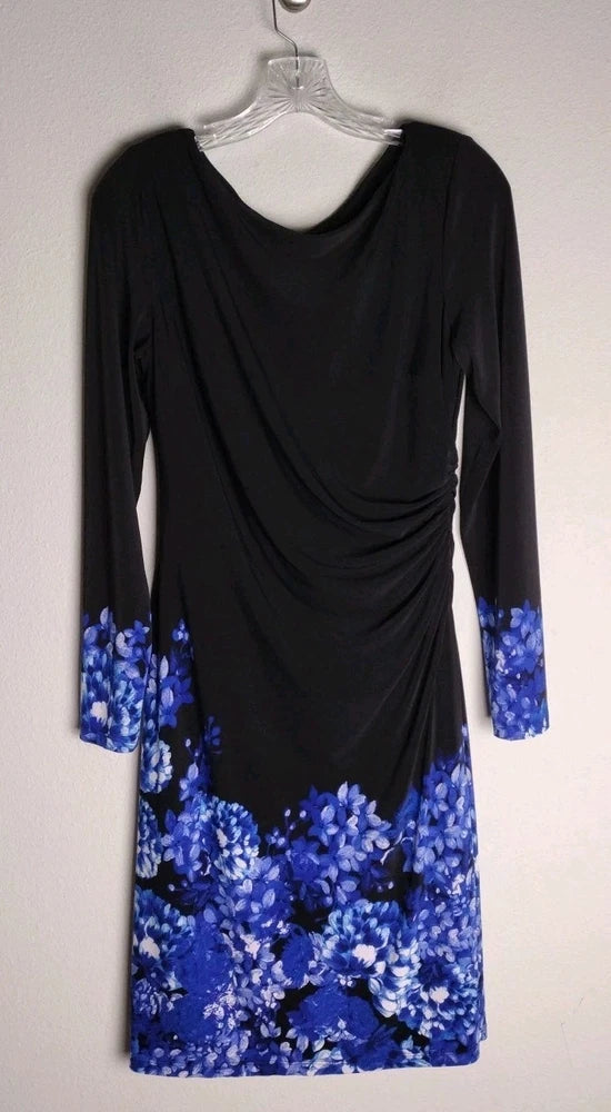 Ralph Lauren Bateau Black Blue Hydrangea Floral Ruched Long Sleeve Dress 10 Hydrangea