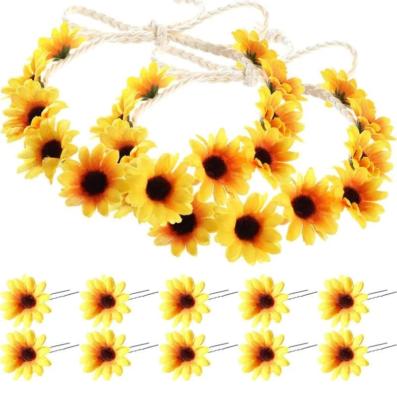 Sunflower hair accessory set with yellow fabric flowers and black centers on white strings