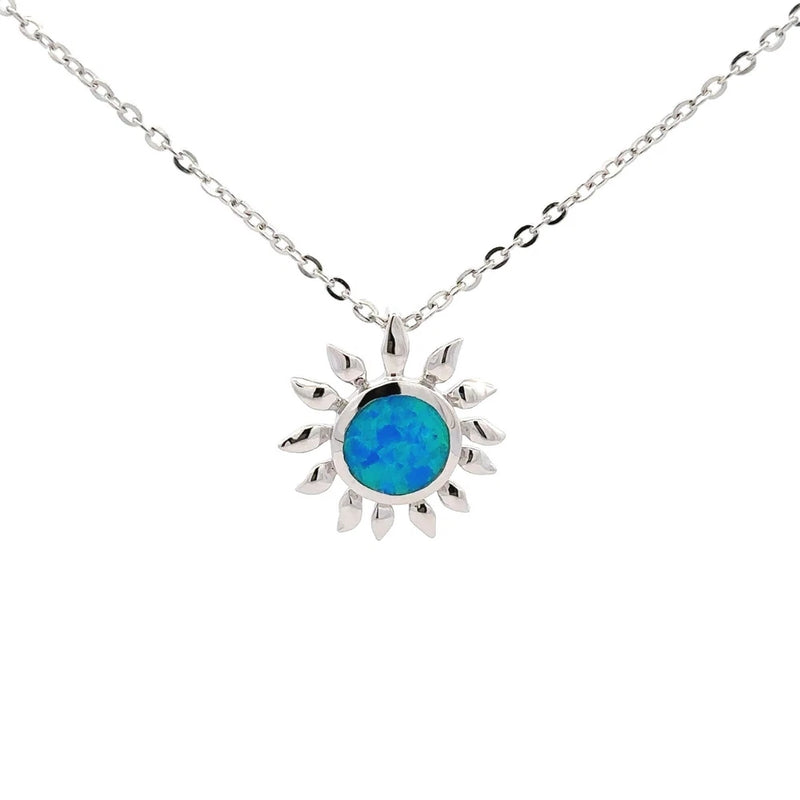 Sterling silver sunflower opal pendant necklace with blue oval center stone
