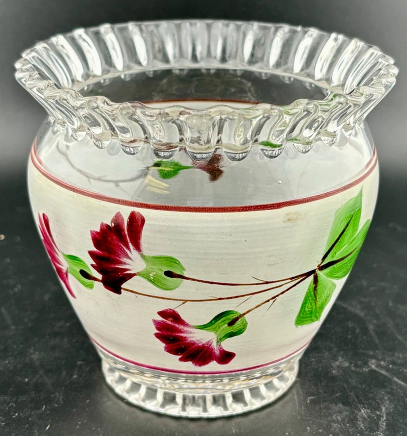 Frosted glass vase with hand-painted red carnations and green leaves, scalloped rim
