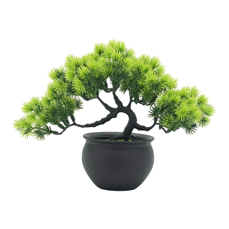 Artificial bonsai tree with bright green foliage in a matte black pot