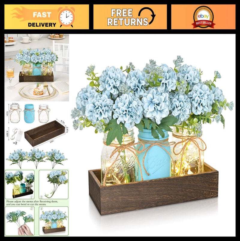 3Pcs Hydrangea Artificial Flowers in Mason Jars with Wood Tray - Farmhouse Table Hydrangea