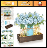 3Pcs Hydrangea Artificial Flowers in Mason Jars with Wood Tray - Farmhouse Table Hydrangea