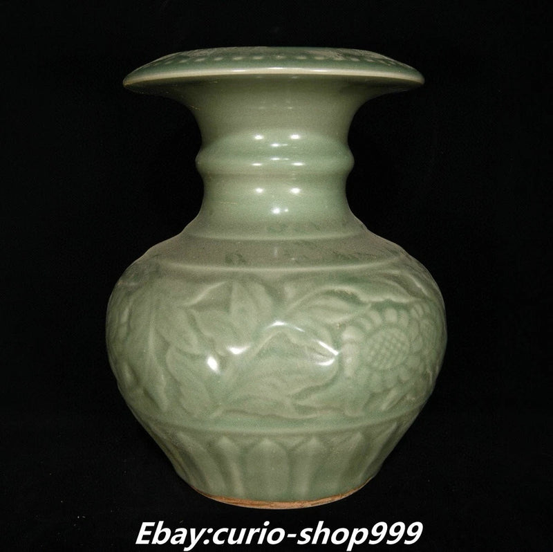 9.6" Song Dynasty Longquan Kiln Porcelain Sunflower Flower Pattern Bottle Vase Sunflower