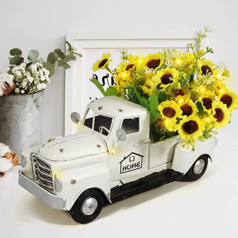 White Vintage Truck Decor with Sunflowers Artificial Flowers, Metal Truck Decor Sunflower