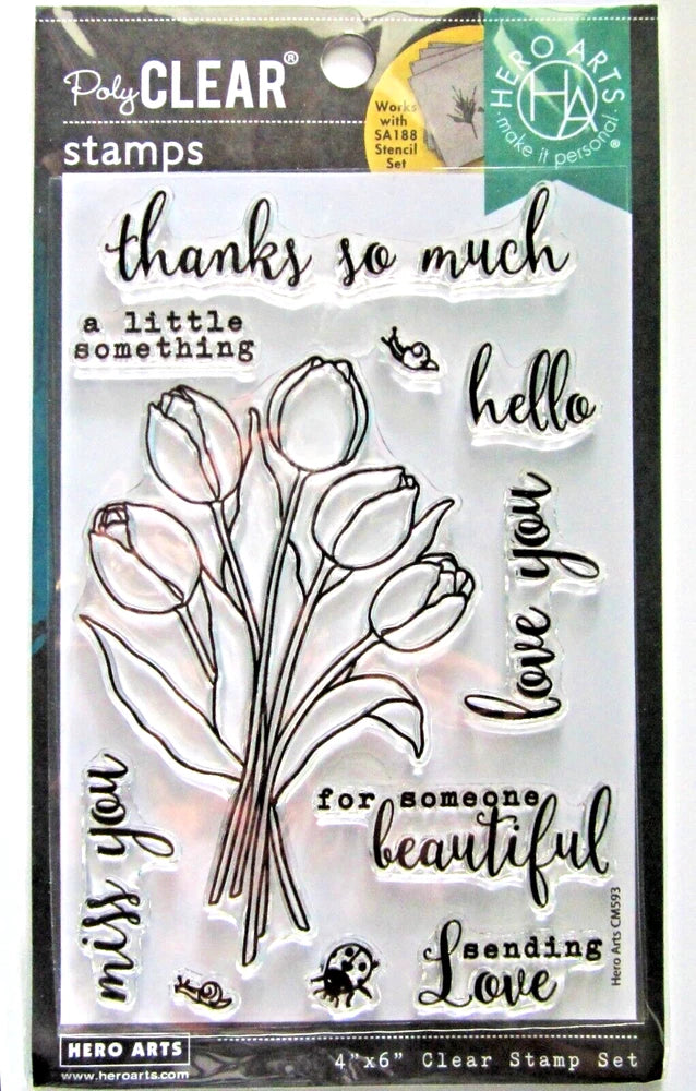 Clear stamp set with tulip bouquet and script sentiments: thanks, hello, Love, and more.