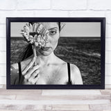 Portrait Sunflower Flower Eye Girl Woman Freckles Freckle Black & White Print Sunflower