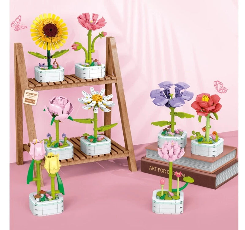 Flower-themed assembled building block toy ornaments with potted plants in bright colors