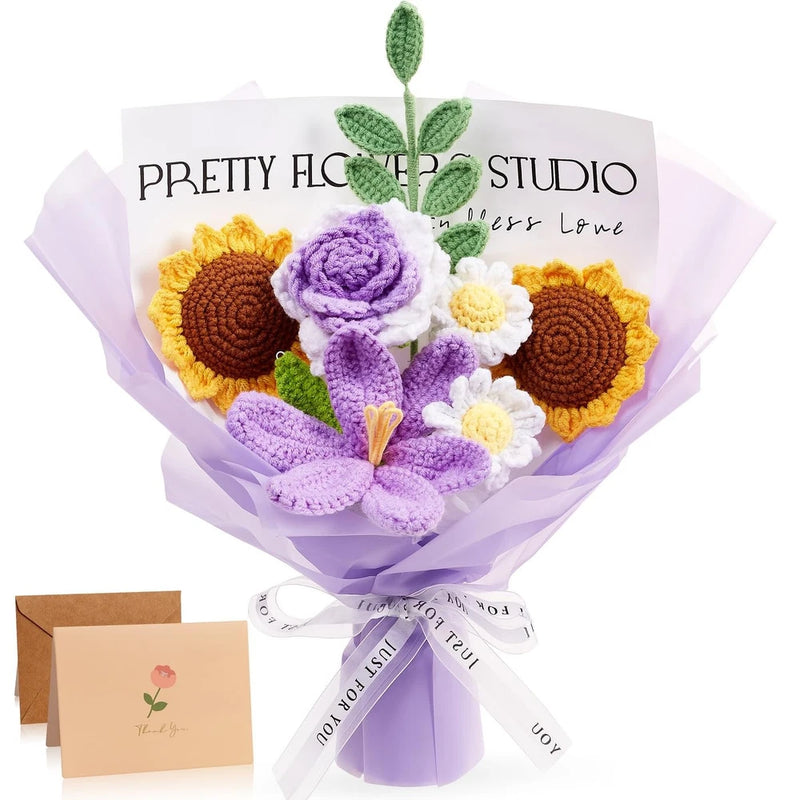 Handmade crochet flower bouquet with purple flowers, yellow sunflowers, and green leaves