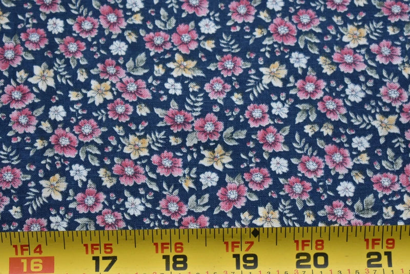 29" Long, Vintage, Pink Green & Yellow Calico on Blue Quilt Cotton, P214 Flowering Plants