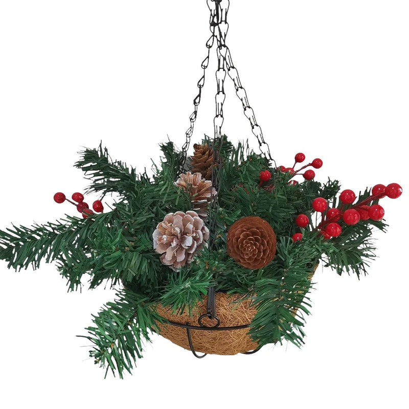Artificial Christmas hanging basket ornament with faux pine, red berries, pinecones and warm lights
