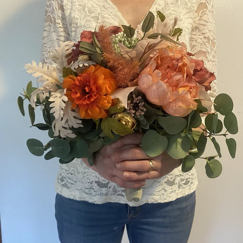 Bridal Wedding Bouquet Budget Friendly Beautiful Faux Flowers White Pink Orange Bouquet