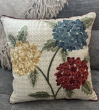 PIER 1 Ivory Pillow Blue Red Yellow Embroidered Hydrangea Flowers 17" x 17" Hydrangea