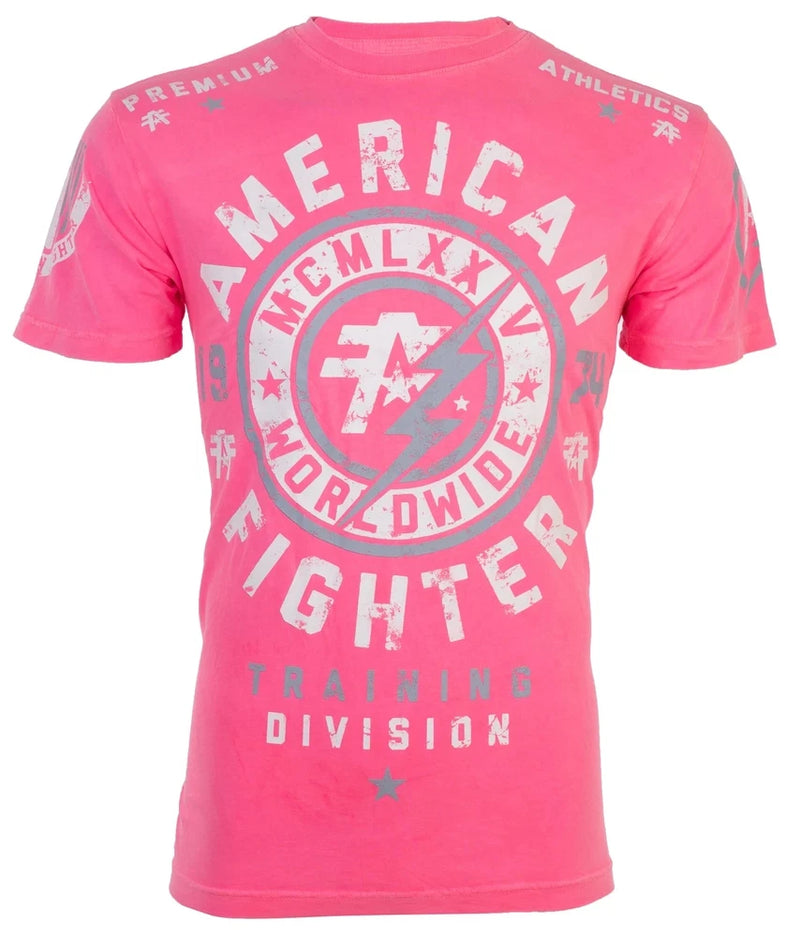 Men's pink athletic T-shirt with large back logo graphic and text