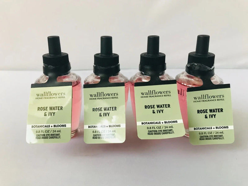 Wallflowers scented fragrance refill bottles with rose water & ivy labels, 4-pack