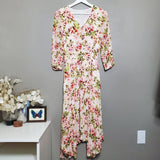 J. Jill Soft Light Dipped Hem Dress Petite Size XS Hydrangea Garden Floral Midi Hydrangea