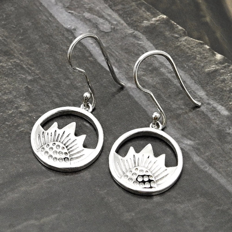 Sunflower dangle earrings in 925 sterling silver, round black enamel discs with flower motif