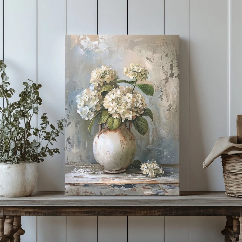 White Hydrangeas Canvas Print - Rustic Still Life Floral Art for Farmhouse & Cot Hydrangea