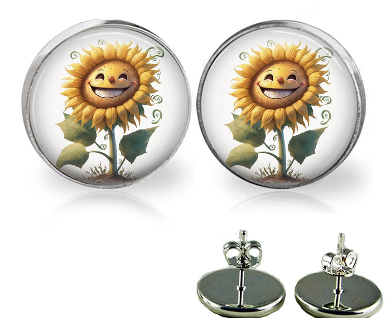 Smiling sunflower glass stud earrings, round cabochon with gold and green flower motif