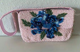 Handcrafted In India Beaded Shoulder Bag Pink W/Blue Hydrangea Floral VIRAL NEW Hydrangea