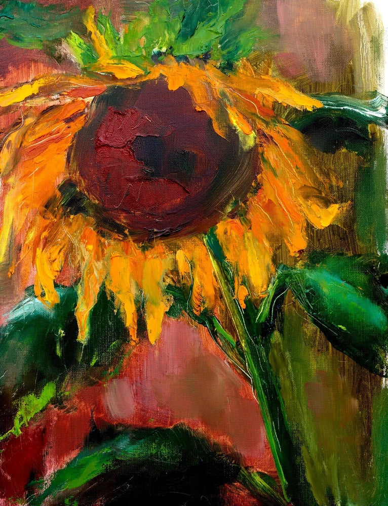 Sunflower floral art print with orange petals, dark red center, and green leaves